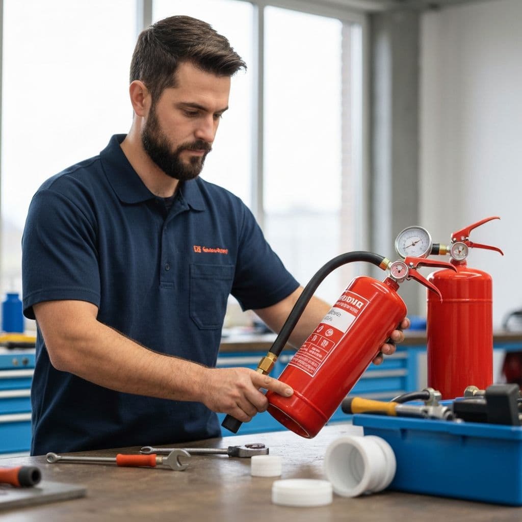 Fire extinguisher being professionally serviced